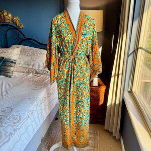 Yellow Orange and Blue Floral Boho 100% Cotton Kimono Robe